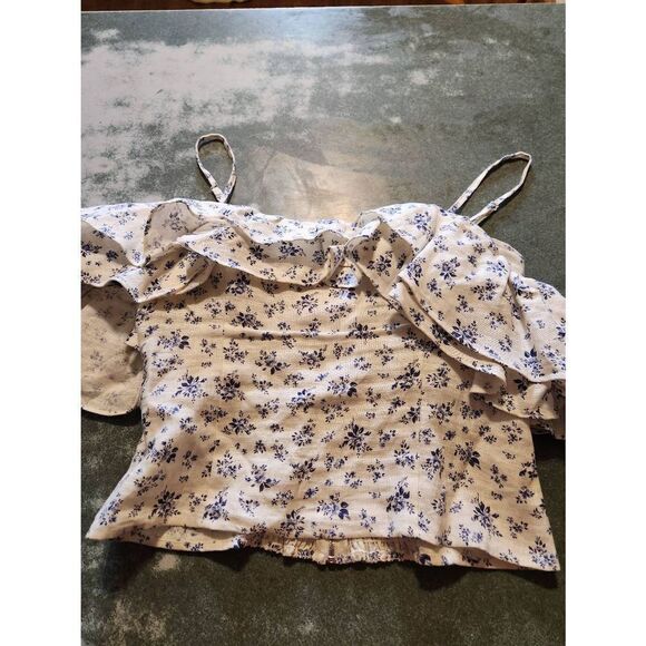 Reformation Linen blue floral Ruffle Floral Top Size 6 - Picture 1 of 5